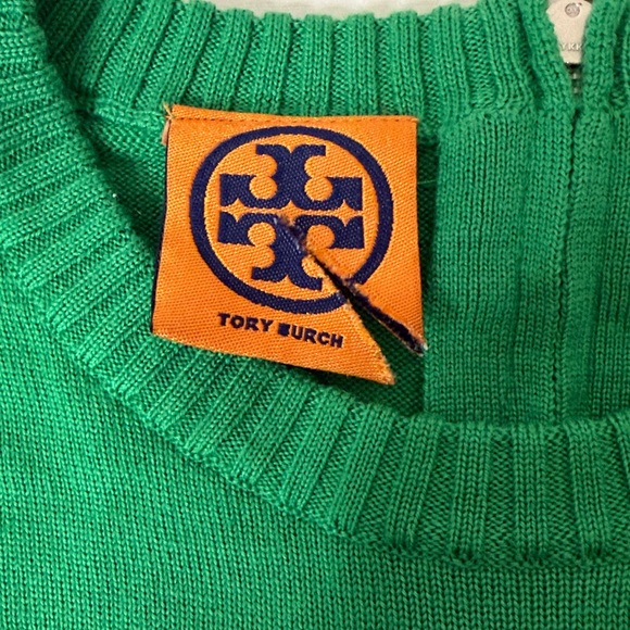 Tory Burch Wool Logo Pullover Sweater - Kelly Green with Silver Metallic Logo - Picture 9 of 15